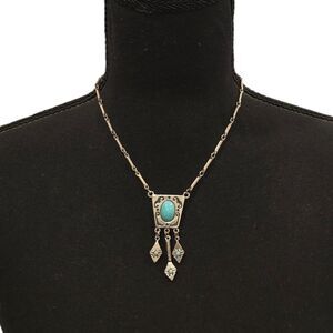 Vintage Southwestern Style Turquoise Pendant Necklace Silver Tone Dangle Design